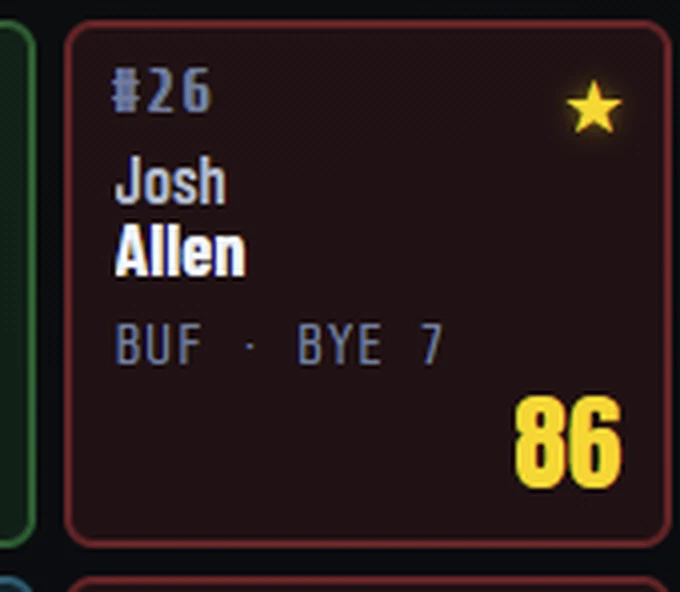 A magnified view of Josh Allen's pick on the big board, carrying the same gold star from his card