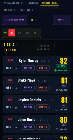 The same tier view on a phone, showing the quarterback tiers stacked for one thumb